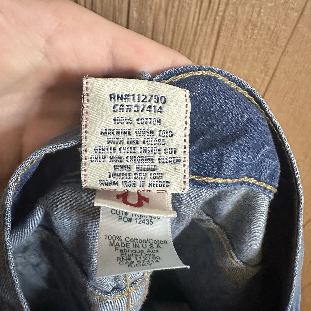True Religion Jeans Men 38x34 Blue Denim Pants Flap Thrashed Distressed Straight